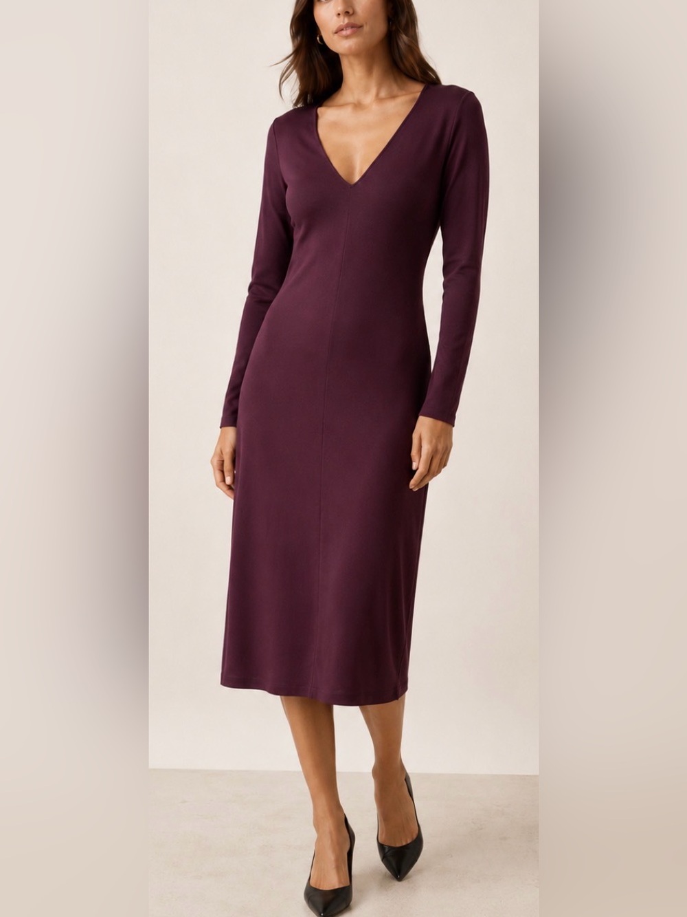 Zara Plum V-Neck Long Sleeve Midi Dress